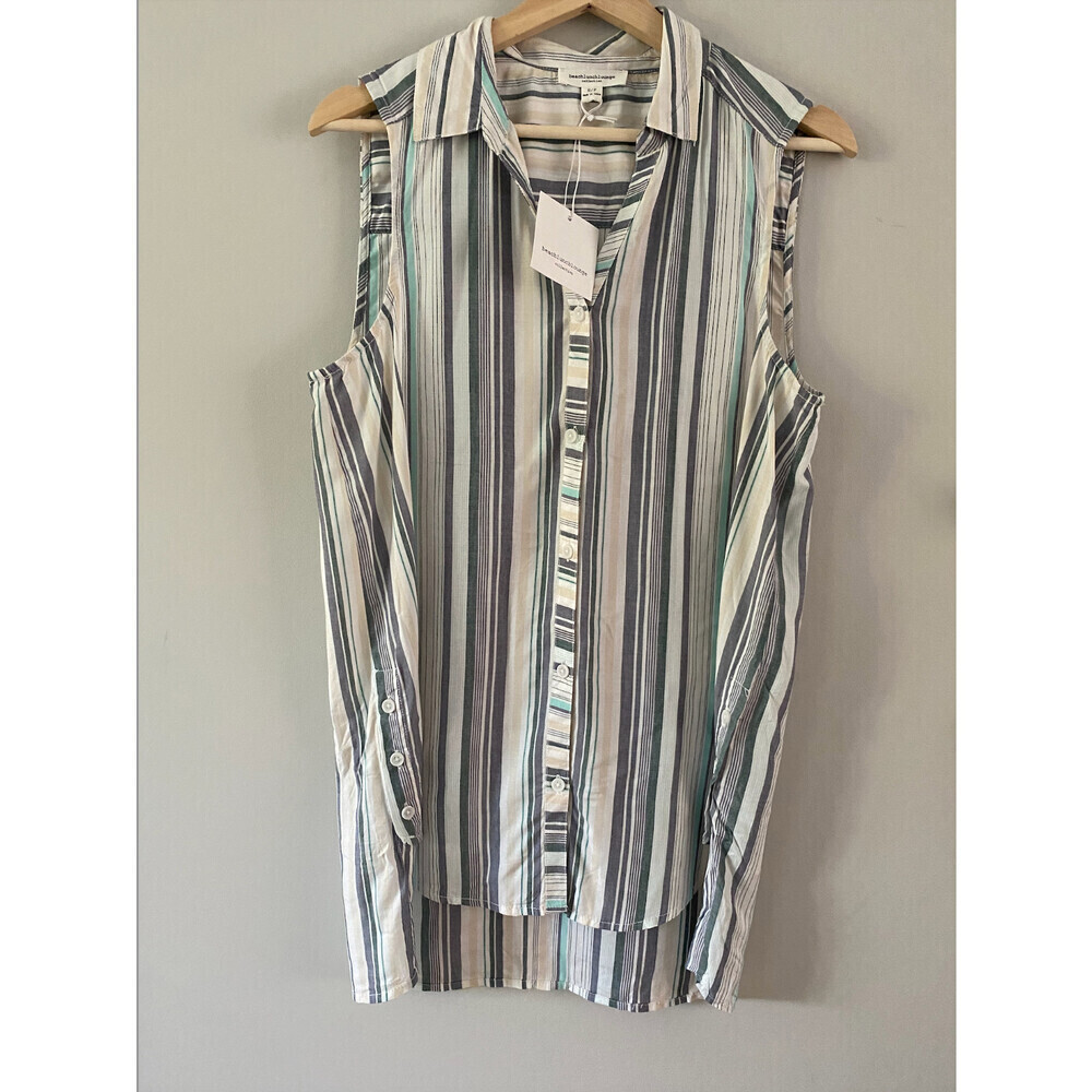 Beach Lunch Lounge Sleeveless Side Buttons Top Striped Green And Grey Size S